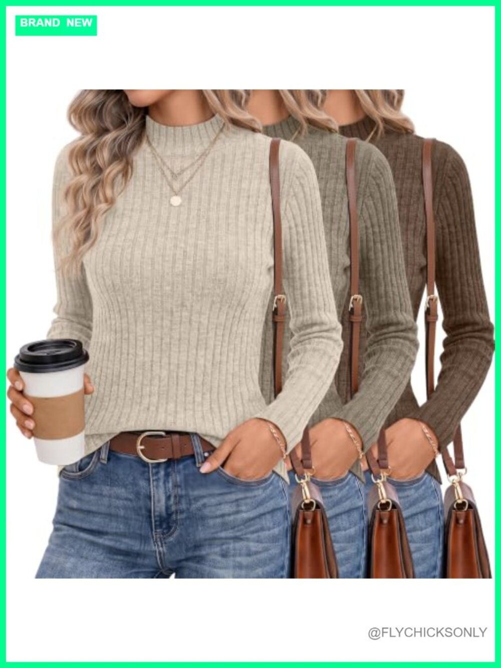 3 Pack Women's Mock Turtleneck Slim Fitted Ribbed Long Sleeve Base Layer Top